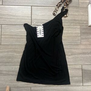 One shoulder tops. One hot pink, other black with leopard strap.